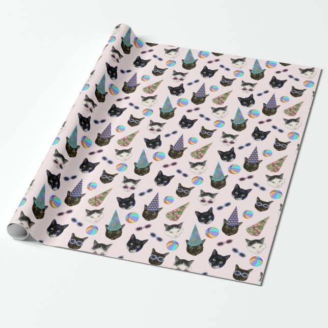 Festive Birthday Cats Summer Pool Party Wrapping Paper (Unrolled)