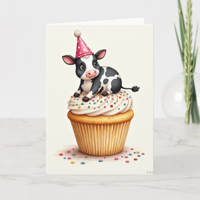 Festive Birthday Cow Cupcake Card (Front)