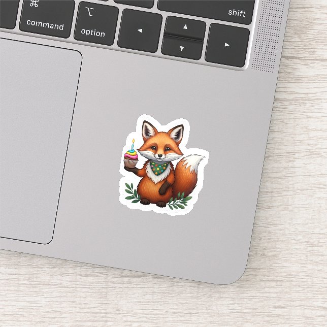 Festive Birthday Fox with Cupcake Sticker (Detail)