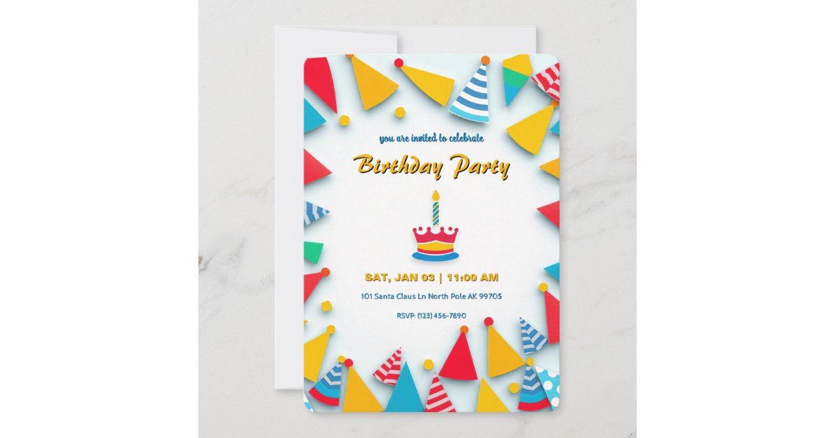 Festive Birthday Party with Border of Hats Invitation | Zazzle