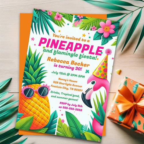 Festive Birthday Pineapple and Flamingo Fiesta  Invitation