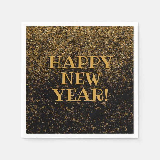 Festive Black and Gold Glitter Confetti Happy New Napkins (Front)