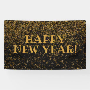 Festive Black and Gold Glitter Happy New Year Banner