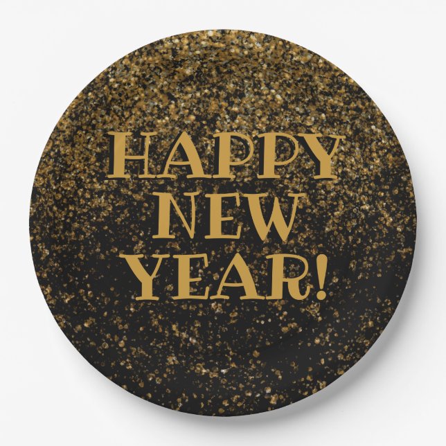 Festive Black and Gold Glitter Happy New Year Paper Plates (Front)