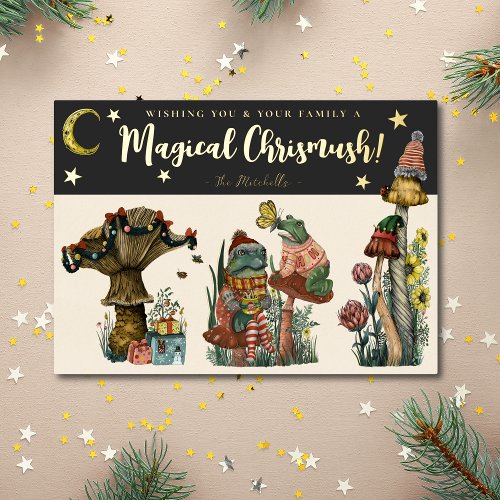 Festive Black and Gold Magic Mushroom Christmas  Foil Holiday Card