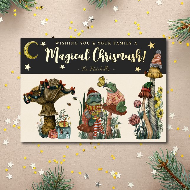 Festive Black and Gold Magic Mushroom Christmas  Foil Holiday Card (Creator Uploaded)