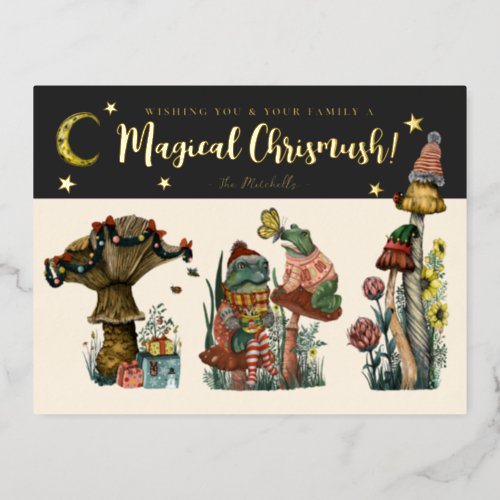 Festive Black and Gold Magic Mushroom Christmas  Foil Holiday Postcard