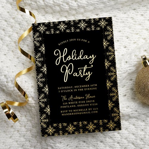 Festive Black and Gold Snowflakes Holiday Party Foil Invitation