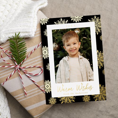 Festive Black and Gold Snowflakes Photo Foil Holiday Card