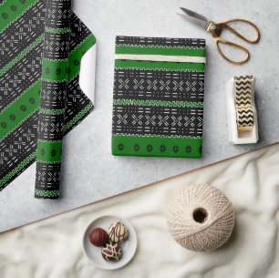 Festive Black And Green Mudcloth Wrapping Paper