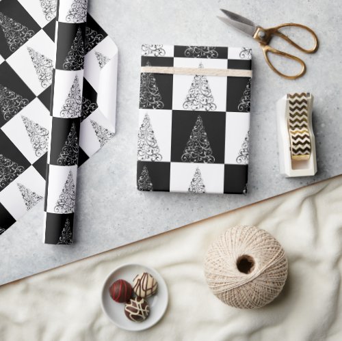 Festive Black and White Christmas Tree Gift Wrapping Paper