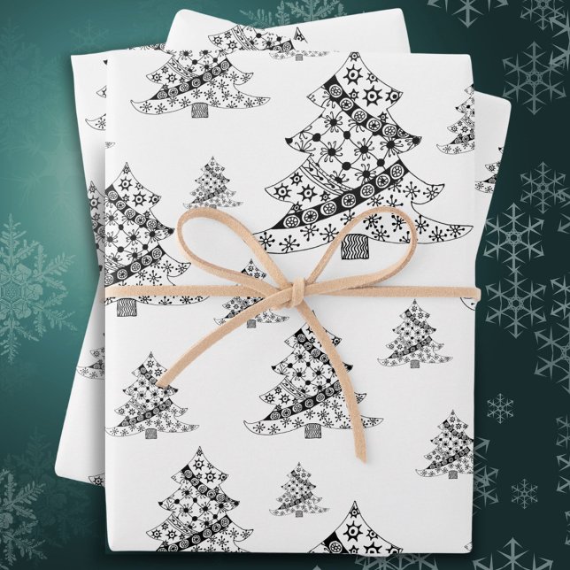 Festive Black and White Christmas Tree Holiday Wrapping Paper Sheets (Creator Uploaded)