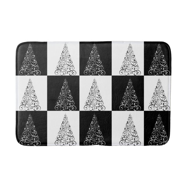 Festive Black and White Christmas Tree Pattern Bath Mat (Front)