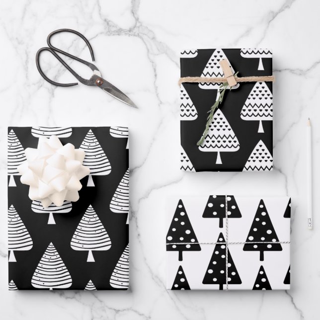 Festive Black and White Holiday Trees Wrapping Pap Wrapping Paper Sheets (Front)