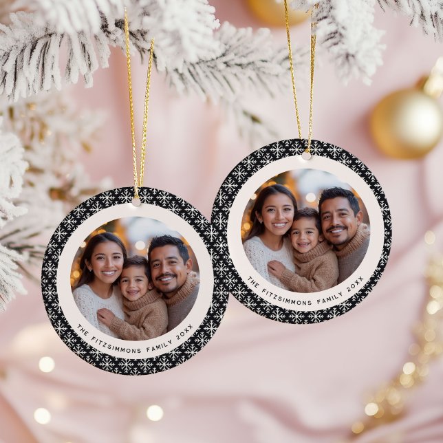 Festive Black and White Scandinavian 2 Sided Photo Ceramic Ornament (Neutral Snowflake Modern Double sided Christmas Ornament black)
