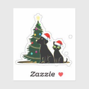 Festive Black Cat and Dog with Santa Hats Christma Sticker