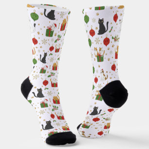 Festive Black Cat Christmas Ornaments and Snowflak Socks