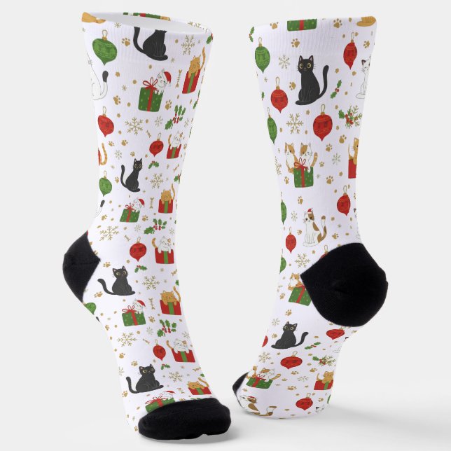 Festive Black Cat Christmas Ornaments and Snowflak Socks (Angled)