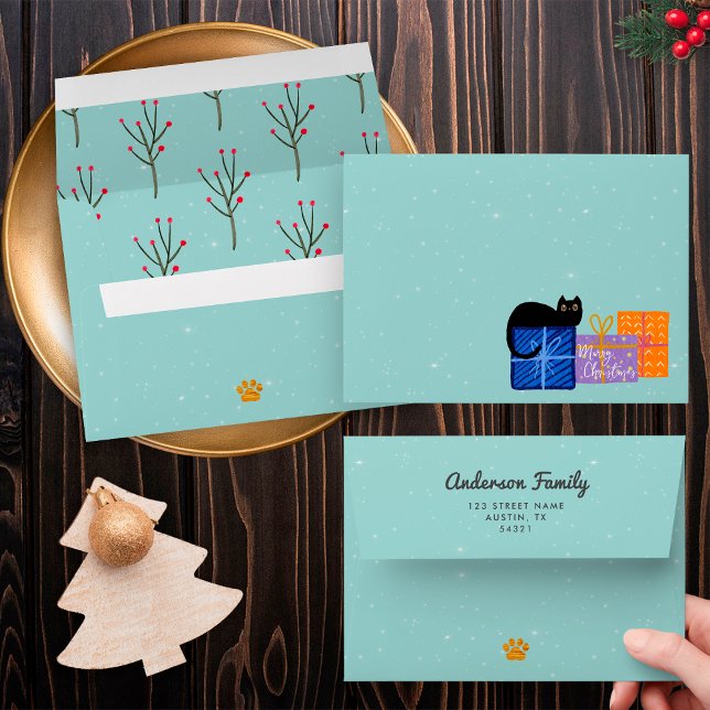 Festive Black Cat Coffee Blue Gold Christmas Envelope (Creator Uploaded)