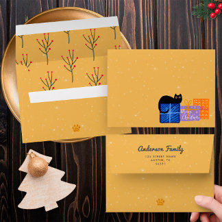 Festive Black Cat Coffee Orange Gold Christmas Envelope