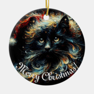 Festive Black Cat in Santa Hat – Whimsical Holiday Ceramic Ornament