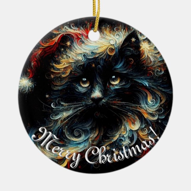 Festive Black Cat in Santa Hat – Whimsical Holiday Ceramic Ornament (Front)