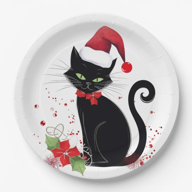 Festive Black Cat Paper Plates (Front)