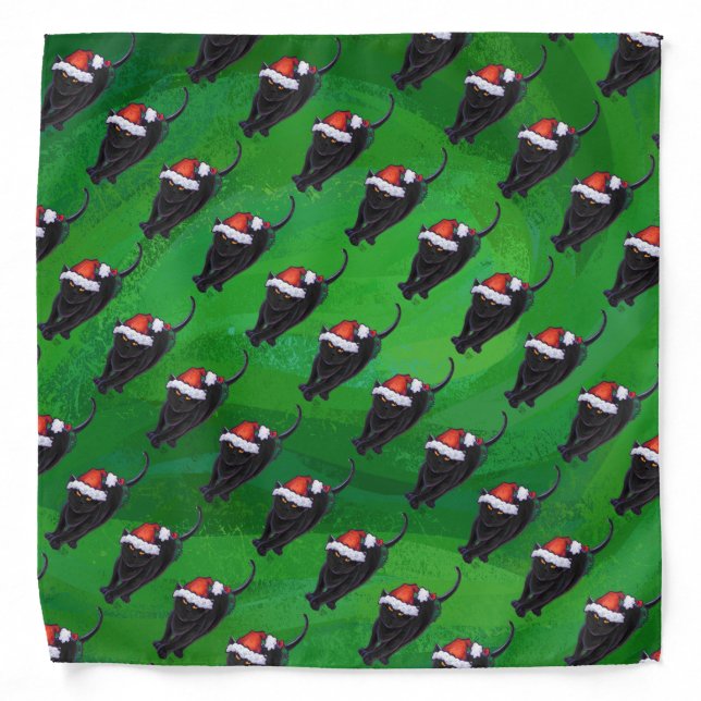 Festive Black Cat Pattern on Green Bandana (Front)