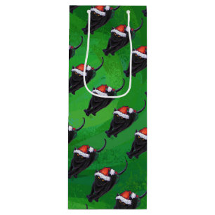 Festive Black Cat Pattern on Green Wine Gift Bag