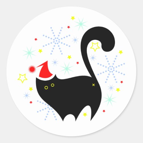 Festive Black Cat Santa Hat Christmas Classic Round Sticker