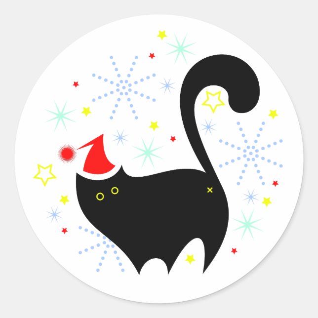 Festive Black Cat Santa Hat Christmas Classic Round Sticker (Front)
