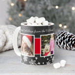 Festive Black Chalkboard Christmas Photo Collage Coffee Mug<br><div class="desc">Personalize this festive Christmas coffee mug with custom text and three (3) holiday photos. Design features a handwritten script font,  vibrant red ribbon stripe,  and white snowflakes. Soft black background has a rustic textured chalkboard appearance.</div>