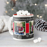 Festive Black Chalkboard Christmas Photo Collage Two-Tone Coffee Mug<br><div class="desc">Personalize this festive Christmas coffee mug with custom text and three (3) holiday photos.  Design features a handwritten script font,  vibrant red ribbon stripe,  white snowflakes,  and black background with a textured chalkboard appearance.</div>