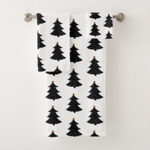 Festive Black Christmas Trees Pattern Lights Stars Bath Towel Set
