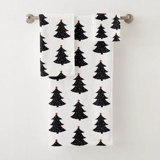 Festive Black Christmas Trees Pattern Lights Stars Bath Towel Set
