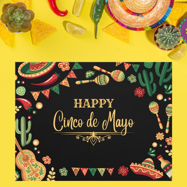 Festive Black Cinco de Mayo Fiesta Icons Postcard (Creator Uploaded)