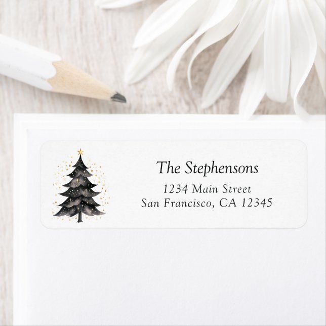 Festive Black Gold Christmas Tree Return Address Label (Insitu)
