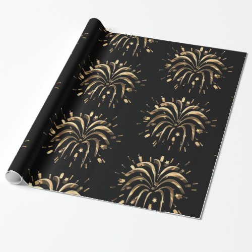 Festive Black Gold Stars Fireworks Elegant Chic Wrapping Paper