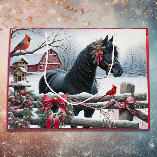 Festive Black Horse and Cardinal Christmas Large Gift Bag (Creator Uploaded)