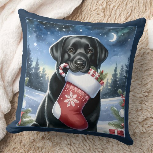 Festive Black Labrador Retriever Christmas Dog  Throw Pillow