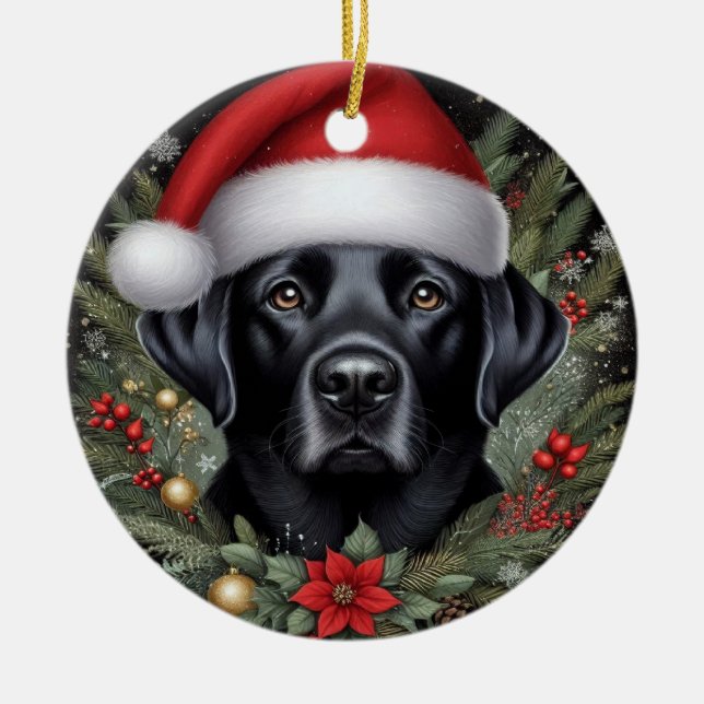 Festive Black Labrador Wearing Santa Hat  Ceramic Ornament (Front)
