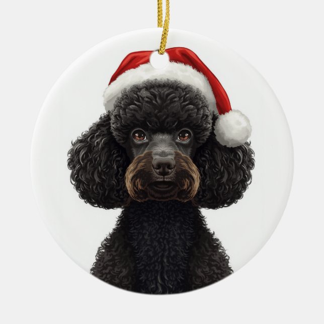 Festive Black Poodle Dog in Santa Hat Illustration Ceramic Ornament (Front)