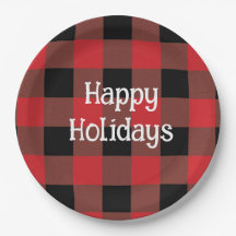 Festive Black & Red Plaid Holiday Paper Plates