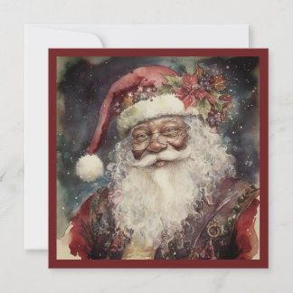 Festive Black Santa Rococo & Poinsettia Accent Holiday Card