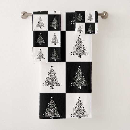 Festive Black White Christmas Trees Pattern Bath Towel Set