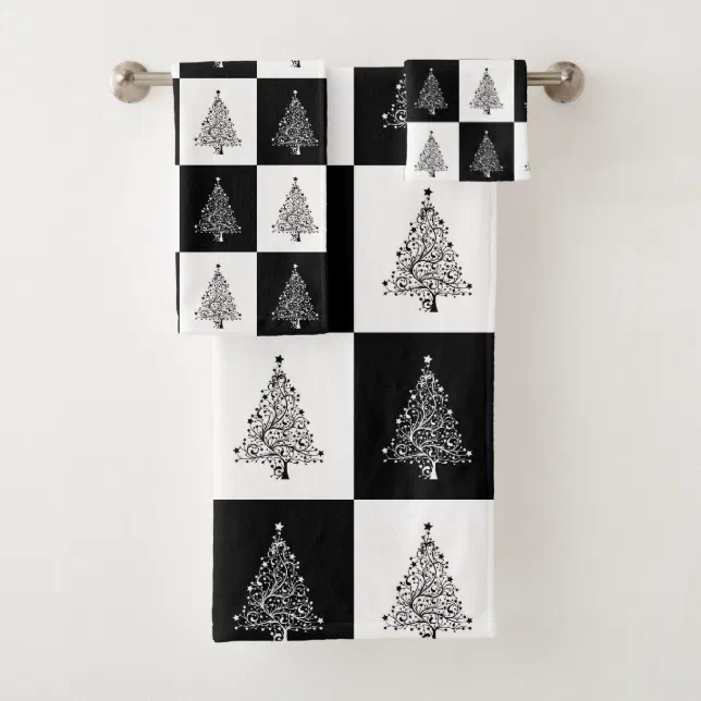 Festive Black White Christmas Trees Pattern Bath Towel Set | Zazzle