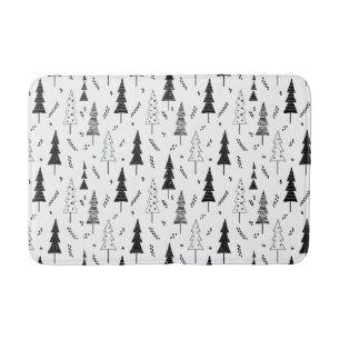 Festive Black White Doddle Christmas Pine Tree Bath Mat