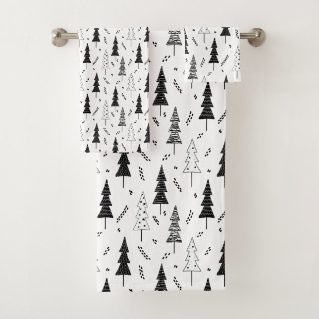 Festive Black White Doddle Christmas Pine Tree Bath Towel Set (Insitu)