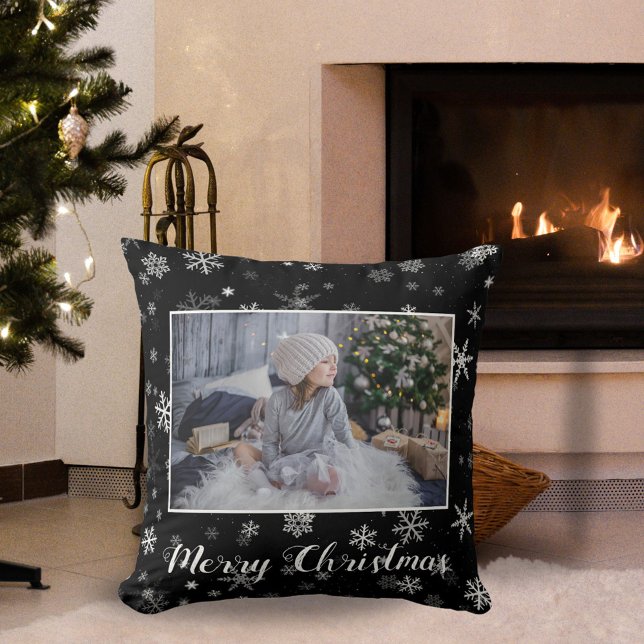 Festive Black White Snowflake Christmas 2 Photo Throw Pillow (Creator Uploaded)