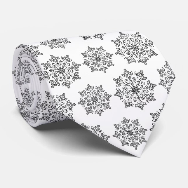 Festive Black white snowflake tiled pattern Neck Tie (Rolled)